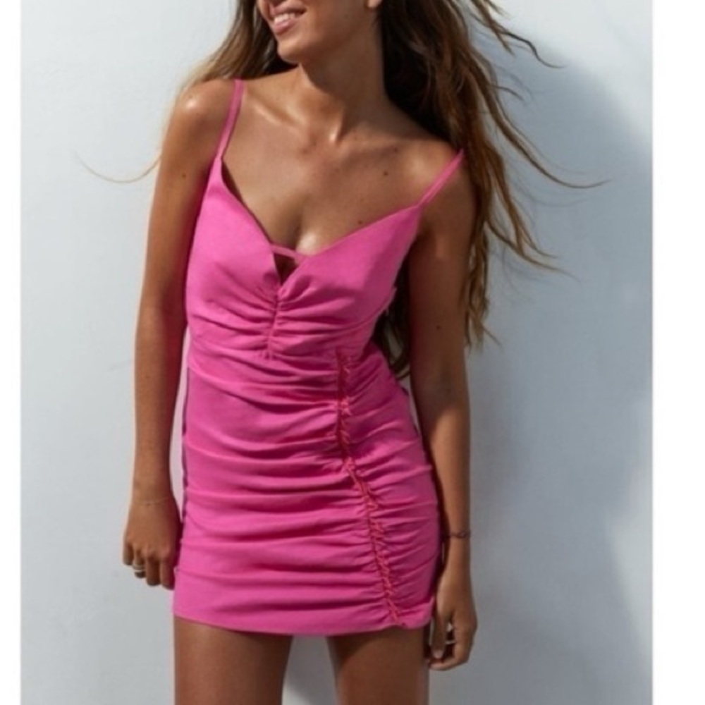 Zara‎ NWT Linen Blend Beaded Ruched Mini Dress Blogger Fav Pink XS Boho Festival